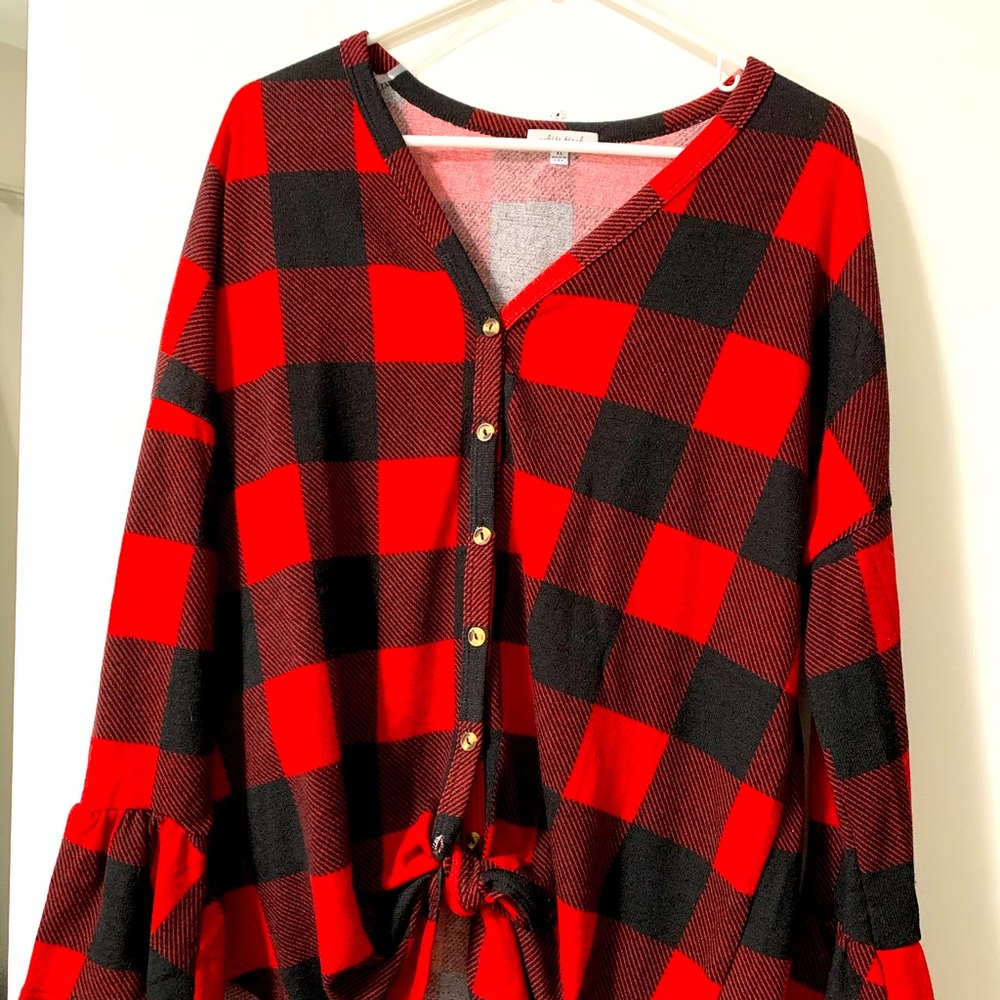 Red Flannel tie front top